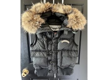 Black Dsquared Down Puffer Vest With Rea Fur Trim On Hood Size 42- Small