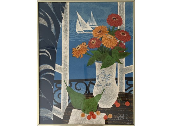 Signed And Numbered Print Of Flowers In Vase Overlooking The Ocean