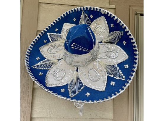 Beautiful Pigalle Blue And White Sombrero-made In Mexico