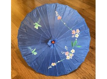 Hand Painted Blue And Floral Umbrella With Wood Handle