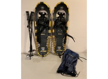 Pair Of Badger Yukon Charlie Gold Snowshoes & Gaiters And Poles