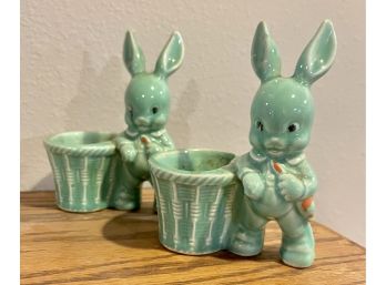 Pair Of Vintage Glazed Easter Bunnies With Small Baskets