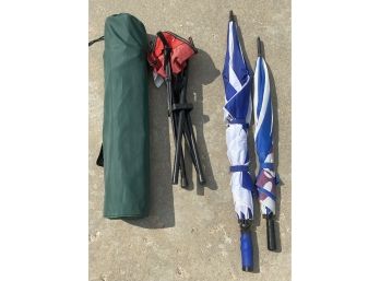 2 Umbrellas And Small Folding Foot Stool