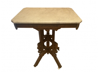 Antique Square Table With Marble Top And Wood Legs On Casters