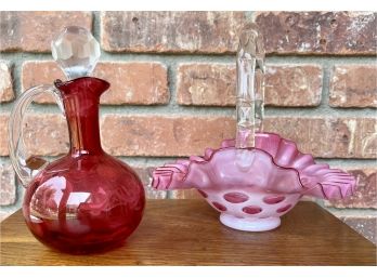 Pink Glass Bottle With Stopper & Glass Basket