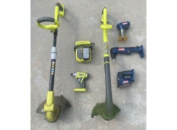 Large Ryobi Lot Including  2 Hedge Trimmers, 1 Drill, Sander, Screwdriver And Handheld Router