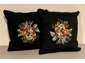 2 Vintage Black Needlepoint Pillows