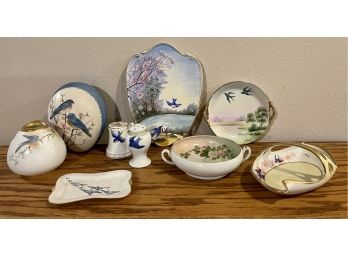 9 Pc. Vintage Bird Themed Dishes, Salt & Pepper Shakers And More