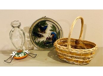 3 Pc. Lot With Humming Bird Feeder, Stained Glass Sun Catcher & Basket