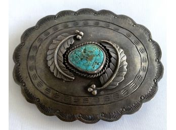 Fred Harvey Style Turquoise And Silver Plated Belt Buckle