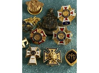 Ten Fraternity Pins Including 'Skull & Bones' Style 1950s Fraternity Pin