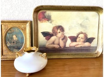 Collection Of Italian Florentine Pieces Including Cherub Tray