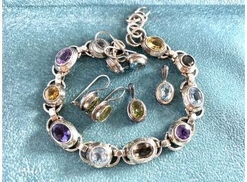 Silver Bracelet, Two Earrings, & Two Pendants