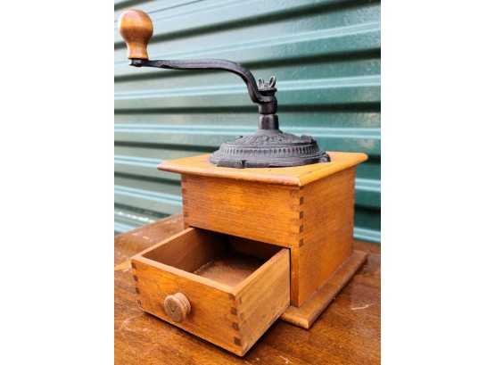 Wood And Cast Iron Antique Coffee Grinder