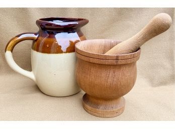 Mortar And Pestle And Small Ceramic Pitcher