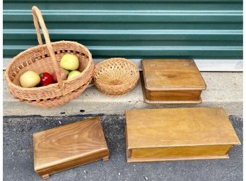 Lot Of Wooden Boxes And Basket With Faux Fruit