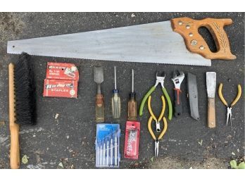 Miscellaneous Tools Including A Hand Saw, Screwdrivers And More!
