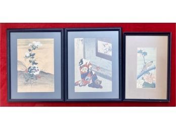 Three Asian Style Prints Including 'a White Cat' And 'girls Pointing Painter'