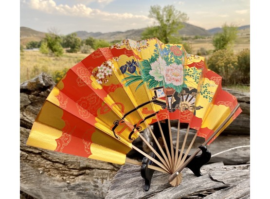 Vintage Japanese Paper Fan, Reds Golds And Floral Design