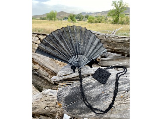 Antique Black Hand Fan With Attached Coin Purse