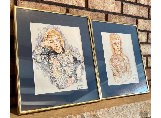 Two Matted And Framed Sketches From Asako, A Japanese Student