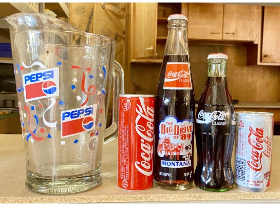 Vintage Coke And Pepsi Bottles And Pitcher (only Glass Bottles Are Full)