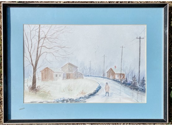Original Watercolor Of Man Walking Down The Road By Artist Mabel Kurtz From Powell, Wyoming
