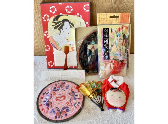 Lot Of Japanese Items Including Small Fan, Calendar,  And Kokeshi Doll