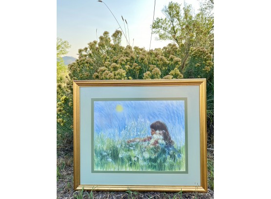 'Gathering' By Frances Hook, Limited Edition Signed Print Of Girl Picking Flowers In Gold Toned Frame