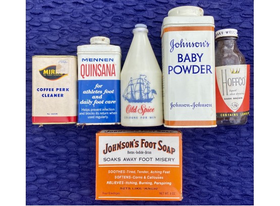 Vintage Toiletries Containers Including Old Spice, Johnson's Baby Powder, Johnson's Foot Soap