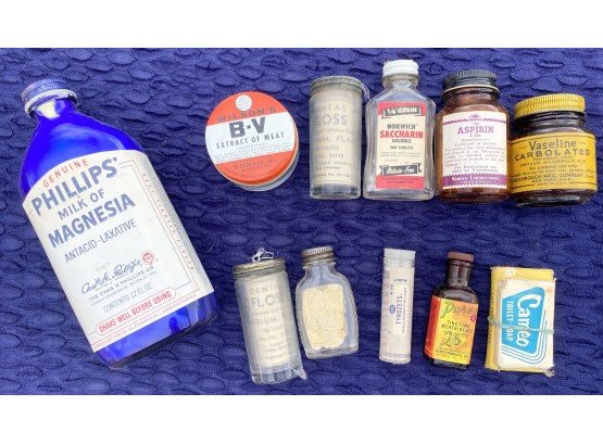 Vintage Containers Including Aspirin, Dental Floss, And Phillips' Milk Of Magnesia