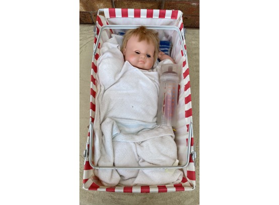 Vintage Red And White Striped Bassinet With Baby Doll, Over 50 Years Old