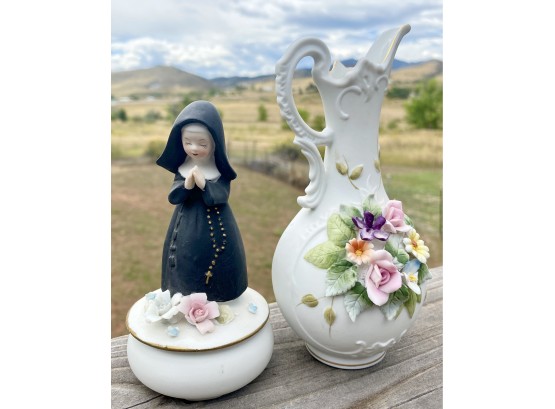Unglazed Lefton Hand-painted Bud Vase And Porcelain Round Nun Trinket Box (Both Have Chipped Flowers)