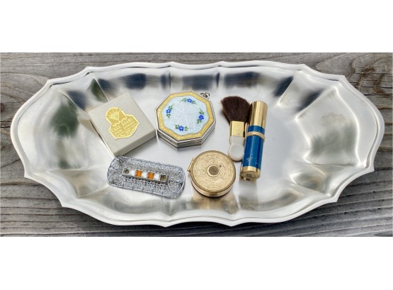 Provincetown Pewterlite FB Rogers 12' Tray With Vintage Vanity Items Incl. Elginlite EAM Art Deco Compact