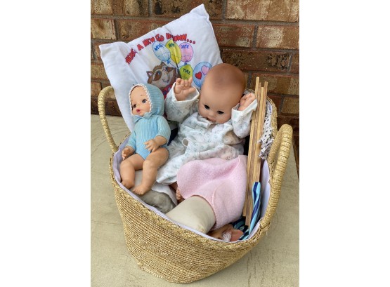 Babies In A Basket W Pillow & Vintage Hand Puppets