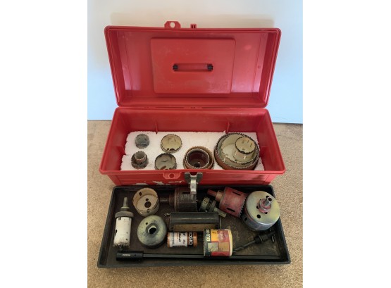 Red Plastic Toolbox W Misc Keyhole Blades Or Bits.