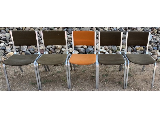 4 Brown And 1 Orange Steel Case Metal Chairs