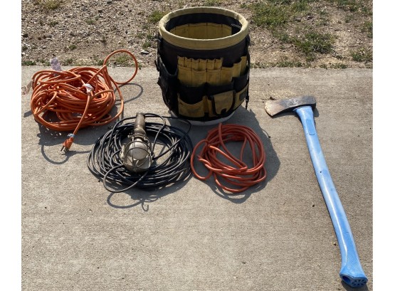 Lot Of Extension Cords, Light And Utility Bucket