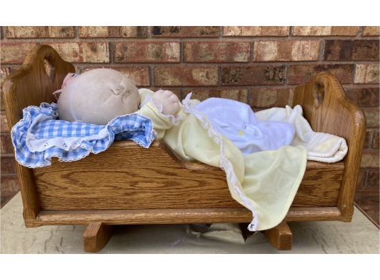 Vintage Hand Crafted Wooden Bassinet With Doll, Over 50 Years Old