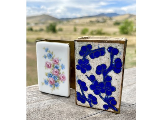 Vintage Matchbox Holders, One With Floral Stone Inlay And One Brass With Ceramic Floral Front