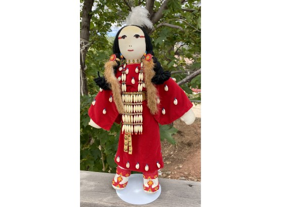 Native American Style Stuffed Doll With Red Dress, Shell, Hand Beaded, And Fur Accents
