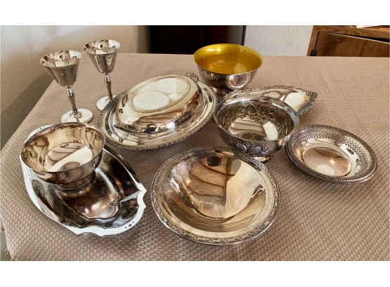 Lot Of Silverplate Incl. Gorham, Reed And Barton Bowl With Yellow Enamel, And Leonard Goblets
