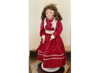 Beautiful Antique Bisque Doll In Maroon Dress With Glass Case