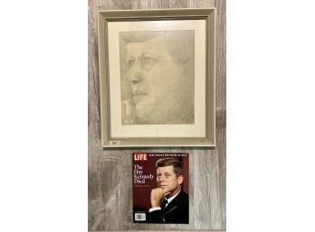 M. Todd Pencil Sketch Of Kennedy With Life Mag (Reissue) 'The Day Kennedy Died'