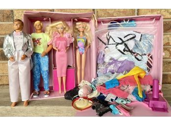 Four Vintage Barbies With Clothes, Accessories, And Case