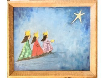 Three Kings Following North Star Painting In Wooden Frame