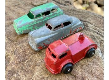 Three Vintage Dye Cast Cars Including Tootsie Toys  Green Ford