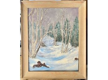 Snowy Forrest Scene Painting In Wooden Frame