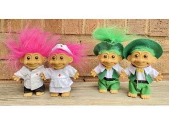 Two Pairs Of Troll Dolls, Nurse Team And Saint Patrick's Day Themed
