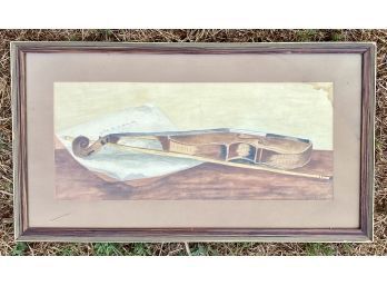 Framed Signed Painting Of Violin On Table With Sheet Music, Minor Water Damage